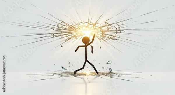 Fototapeta Stickman Shattering Glass Ceiling with Rising Sun on White Symbolizing Business Progress and Motivation