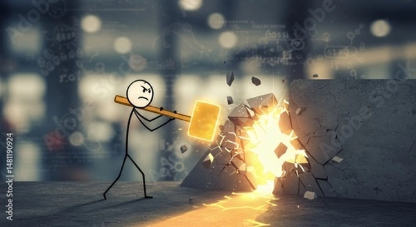Fototapeta Stickman Smashing Concrete Barrier Symbolizing Overcoming Self Doubt with a Golden Hammer for Business Motivation