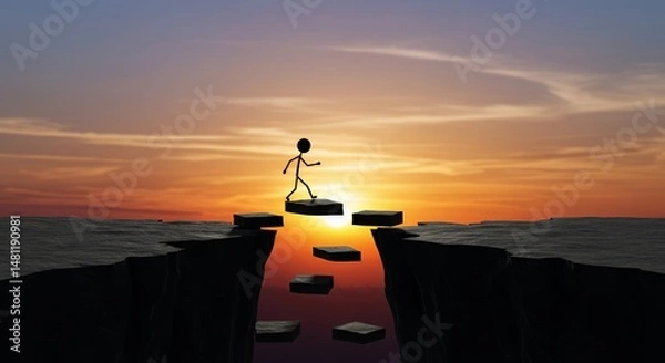 Fototapeta Stickman Stepping Stone Crossing Silhouette at Sunset Symbolizing Overcoming Business Challenges And Achieving Ambitious Goals