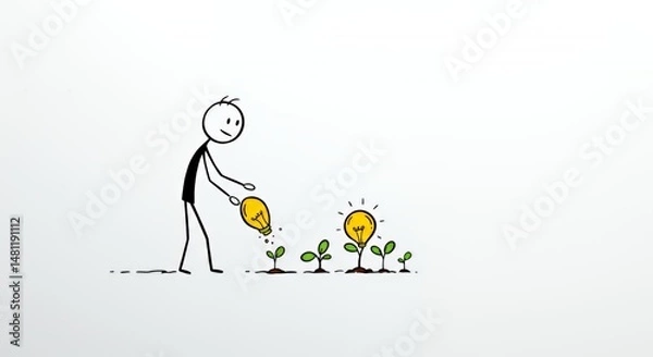 Fototapeta Stickman Symbolically Planting Seeds Of Innovation On White Background Showcasing Business Motivation And Nurturing Long Term Growth