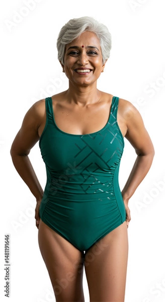Fototapeta Confident senior Indian woman with short grey hair smiling happily in a green patterned one-piece swimsuit, posing against a plain black studio background.