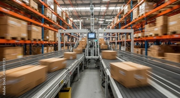 Fototapeta Automated warehouse with conveyor belts moving boxes.  High-speed, modern fulfillment center