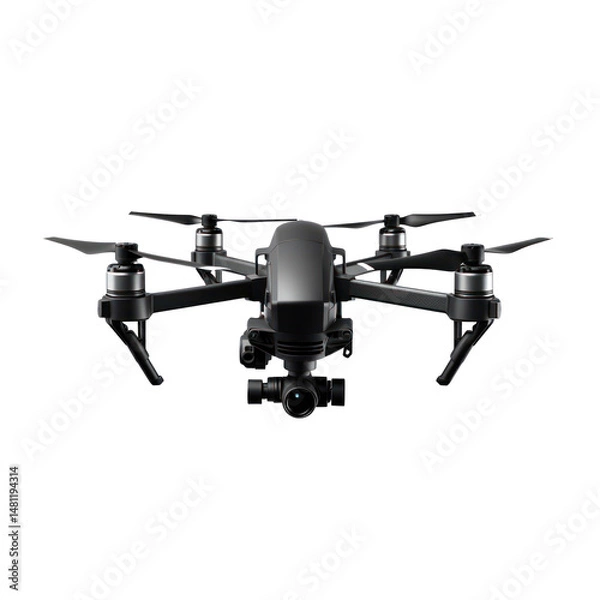 Fototapeta Professional Black Drone with Camera in Flight Isolated on Transparent Background


