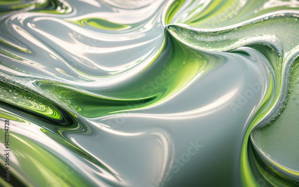 Fototapeta Abstract swirls of green and white liquid or paint create a smooth texture.