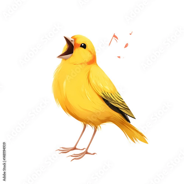 Fototapeta A bright yellow canary, mouth open, appears to be singing on a black background, with music notes flying out.
