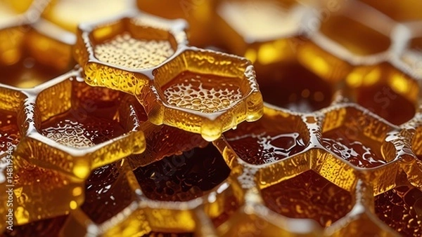Fototapeta Sweet Honeycomb Close-Up, Glowing Amber Geometric Honey Texture
