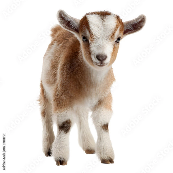 Fototapeta A curious and cute baby goat with brown and white fur stands on a dark background looking at the camera.