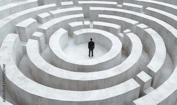Fototapeta man in business suit standing alone at the center of a large circular concrete maze symbolizing challenge and introspection