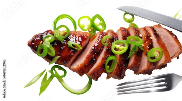 Obraz Sliced Grilled Duck Thigh with Glossy Finish Arranged on Transparent Background