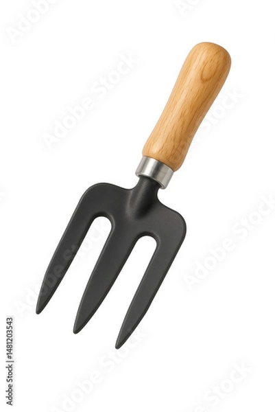 Fototapeta Single gardening hand fork with light brown wooden handle and black metallic tines on transparent background