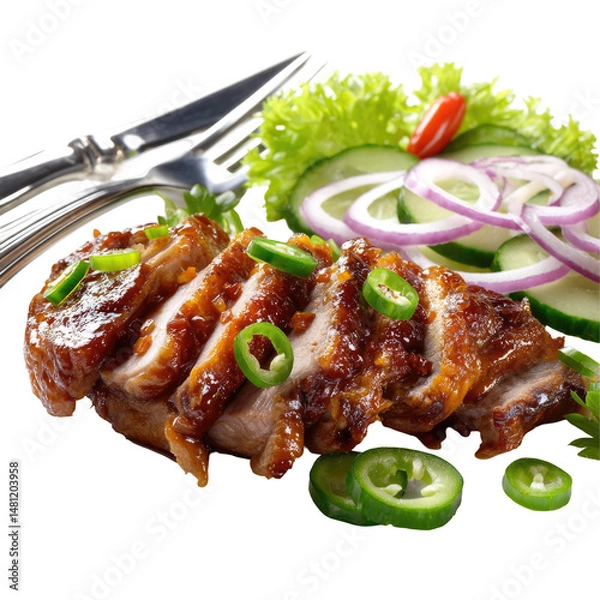 Obraz Whole Grilled Duck with Crispy Skin Served with a Fork on Transparent Background
