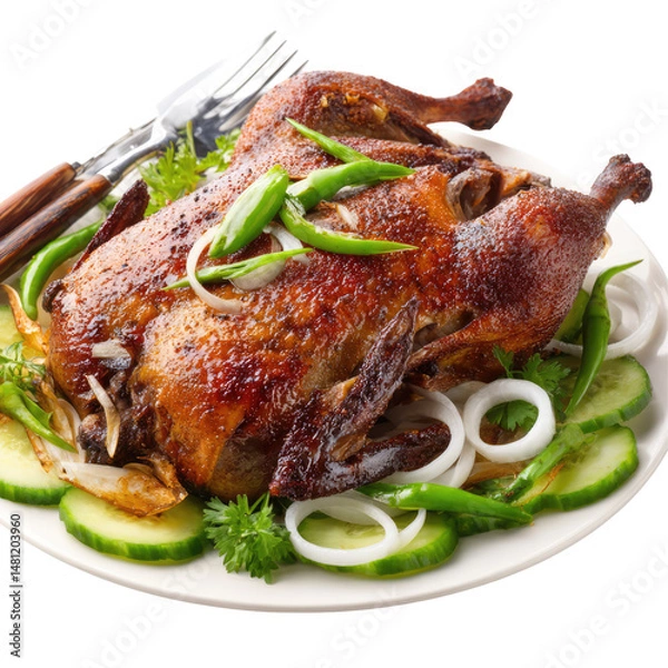 Obraz Whole Grilled Duck with Crispy Skin Served with a Fork on Transparent Background