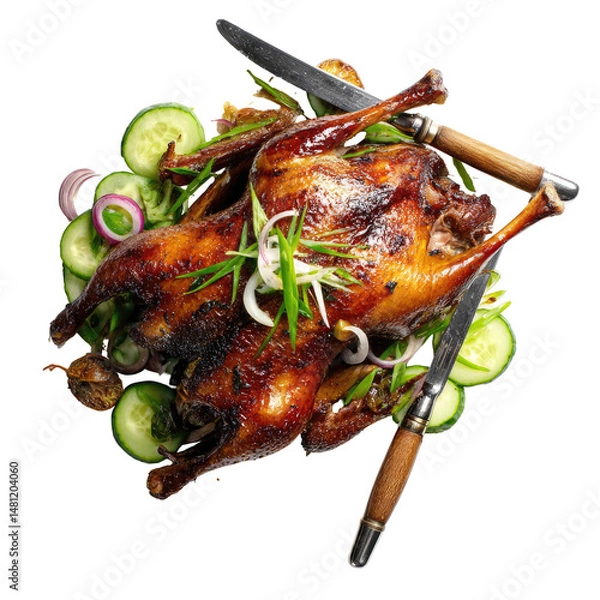 Obraz Whole Grilled Duck with Crispy Skin Served with a Fork on Transparent Background