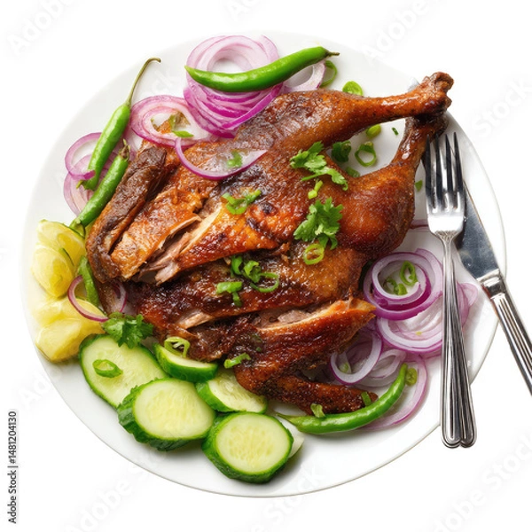 Fototapeta Whole Grilled Duck with Crispy Skin Served with a Fork on Transparent Background