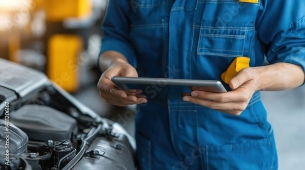 Fototapeta A mechanic in blue overalls uses a tablet for diagnostics next to a car engine in a workshop.