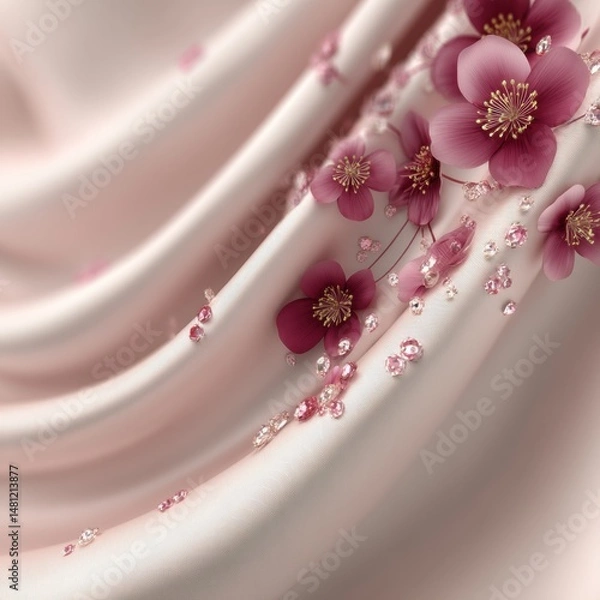 Obraz Soft pink fabric with delicate cherry blossom flowers and intricate bead embellishments, creating an elegant and romantic look.