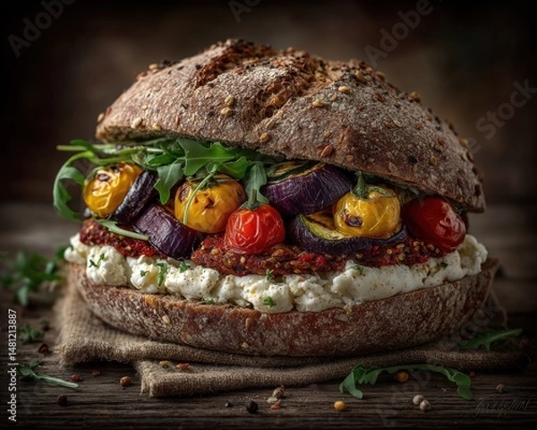 Obraz A rustic sandwich filled with roasted vegetables, fresh arugula, and creamy cheese, served on seeded whole grain bread.