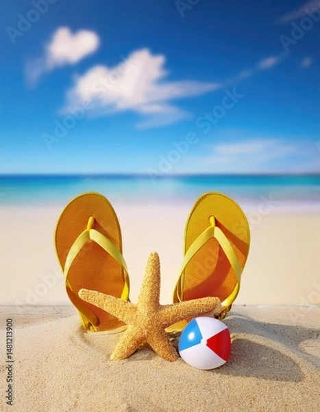 Obraz Yellow flip-flops, a starfish, and a beach ball rest on sandy shore with a vibrant blue ocean and sky in the background.