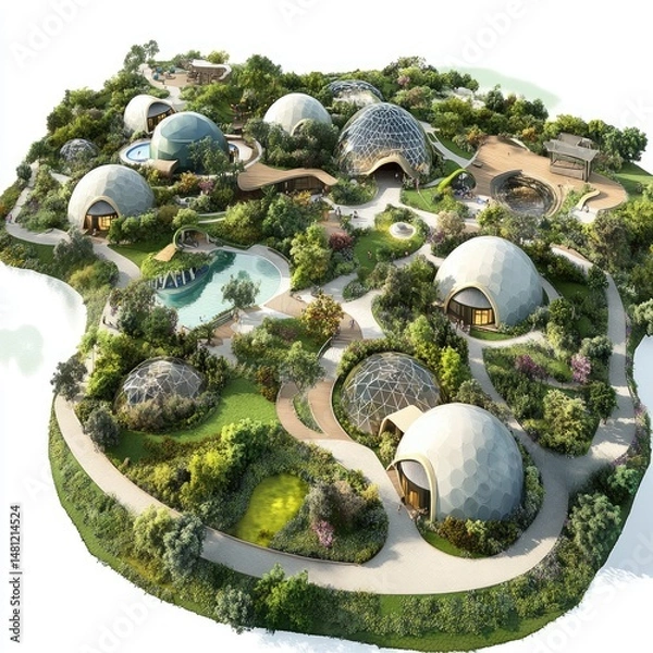 Obraz Sustainable dome-shaped eco-park with lush gardens and pathways