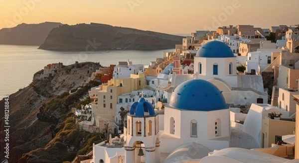 Obraz Colorful Santorini village at sunset