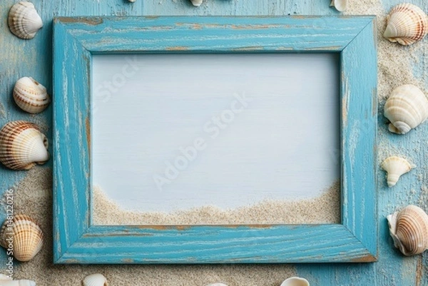 Obraz Empty frame, surrounded by seashells and sand, on a blue wooden background