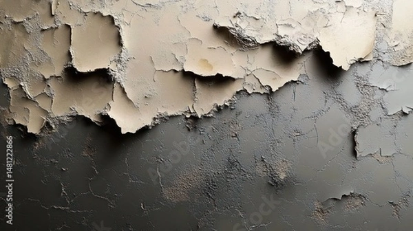 Fototapeta Close-up of an old wall with peeling beige and gray paint creating a cracked and textured surface showing decay and deterioration