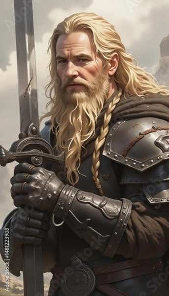 Fototapeta Stoic warrior stands ready with sword and shield, radiating strength and determination.