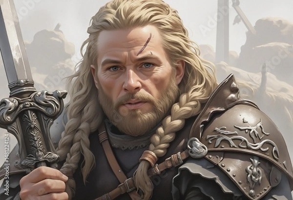 Fototapeta Battle-hardened warrior with a determined gaze and ornate armor stands amidst a chaotic clash.