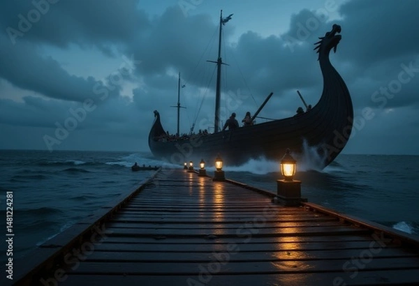 Fototapeta Dramatic Viking ship approaches a weathered dock under stormy skies, illuminated by warm lantern light.