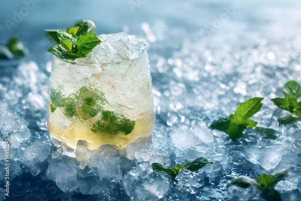 Fototapeta Frozen cocktail served in transparent glass surrounded by fresh mint leaves and scattered ice cubes refreshing summer drink