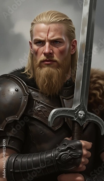 Fototapeta Battle-hardened warrior stands resolute, sword in hand, against a stormy sky.