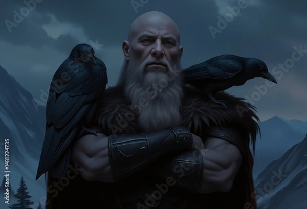 Fototapeta Stoic warrior stands resolute amidst a dramatic mountain landscape, accompanied by watchful ravens.
