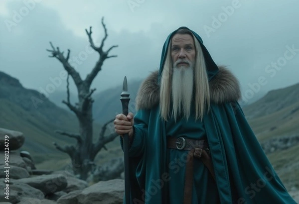 Fototapeta Mystical wizard stands amidst a dramatic, misty landscape wielding a staff.