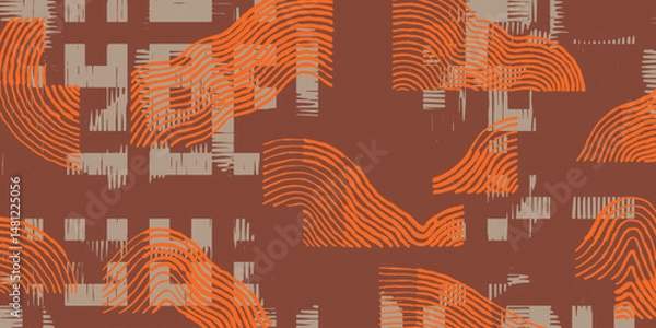 Fototapeta Crafted hand drawn brush lines abstract wood carving texture and geometric shapes pattern, Japanese and ethnic basketry, bamboo weaving style graphic for textile, fashion, carpet