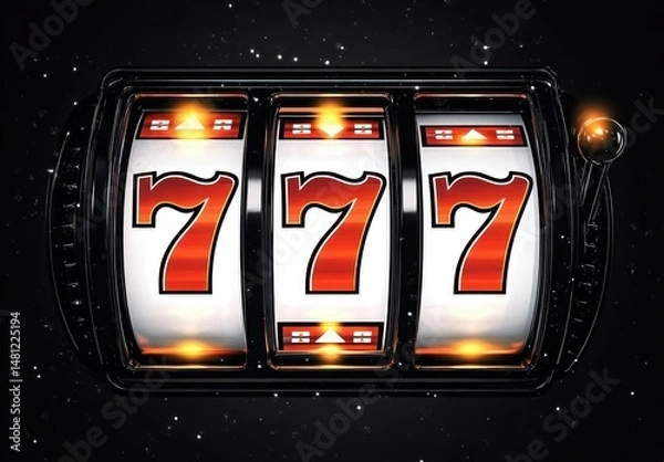 Fototapeta Close-up of a slot machine showing three red sevens in a row against a dark background, symbolizing a winning jackpot with glowing highlights