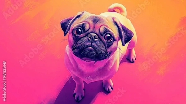 Fototapeta Close-up of a small pug dog looking up with sad eyes against a vibrant pink and orange gradient background