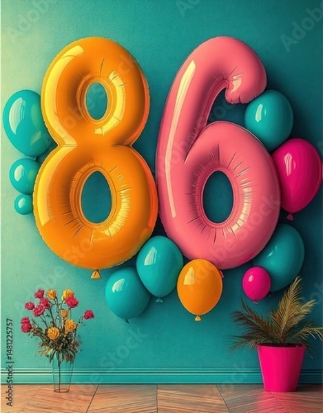 Fototapeta Colorful large birthday balloons shaped as number eighty six with teal, orange, and pink balloons on teal wall background, decorated with flowers and potted plant