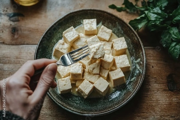 Fototapeta Hand holding a fork picking up a cube of tofu from a bowl filled with soy milk or broth on a rustic wooden table next to fresh green herbs