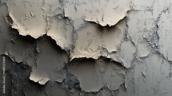 Fototapeta Close-up of a damaged wall with peeling and cracked paint revealing rough textured layers beneath in shades of gray and beige.