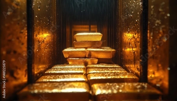Fototapeta Stack of shiny gold bars inside dimly lit metallic vault with reflective surfaces and golden glow
