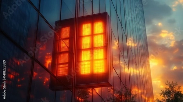 Fototapeta Glowing orange window panel reflecting on the glass facade of a modern building at sunset with trees and a colorful sky in the background