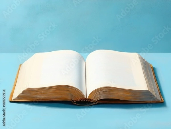 Fototapeta Open blank book lying flat on a blue surface with a blue wall background, showcasing empty white pages and a hardcover binding