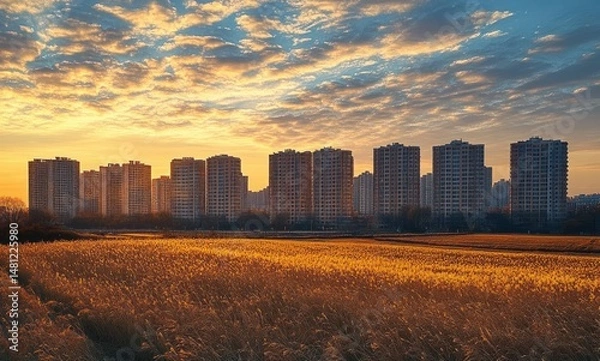 Fototapeta Sunset over tall apartment buildings with golden grass field in foreground and dramatic partly cloudy sky