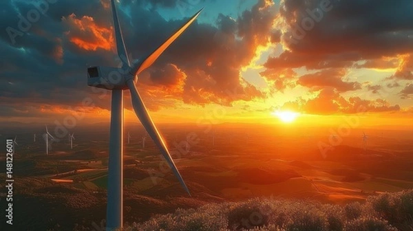 Fototapeta A large wind turbine overlooking multiple smaller turbines across a green landscape during a vibrant orange sunset with scattered clouds