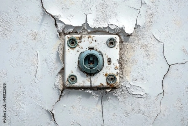 Fototapeta Close-up of an old, rusty electrical outlet mounted on a cracked and peeling painted wall showing decay and neglect