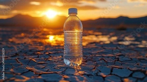 Fototapeta Plastic water bottle standing on cracked dry land at sunset with sun shining behind and mountains in the background