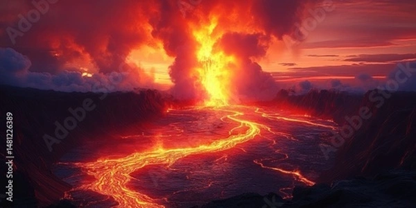 Fototapeta Erupting volcano with bright flowing lava and thick smoke clouds under a dramatic red and purple sky at dusk