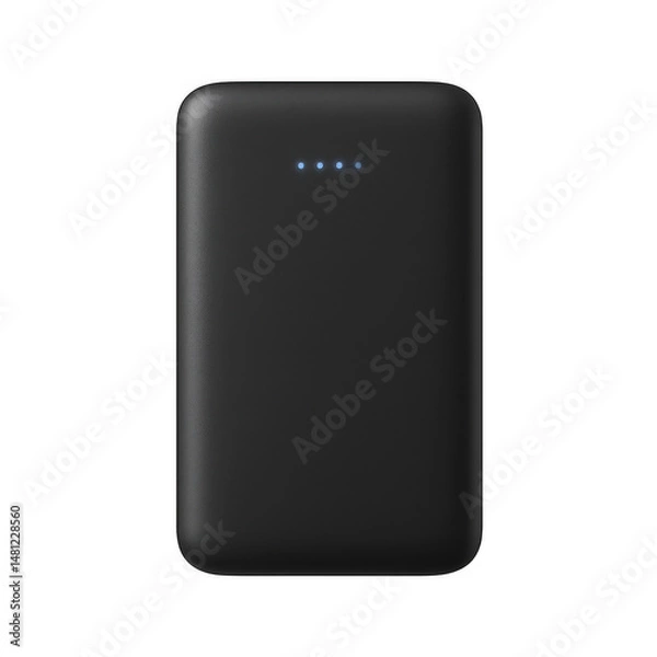 Fototapeta Black portable power bank with blue LED indicators, isolated on transparent background