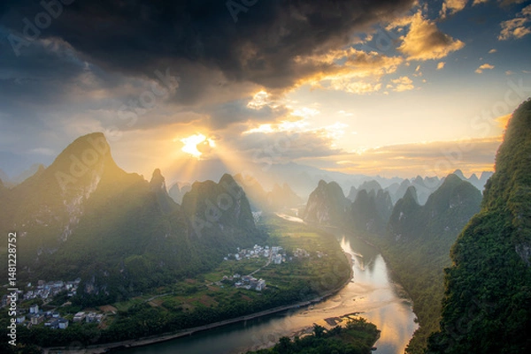 Obraz Sunrise Landscape of Guilin , Li River and Karst mountains called Xianggong, Guangxi Province, China