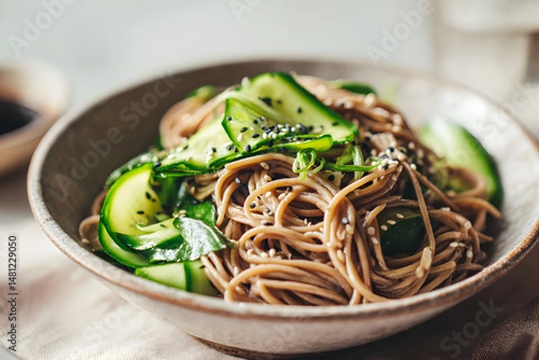 Fototapeta Crunchy cucumber soba noodle salad with black and white sesame seed garnish in Japanese style